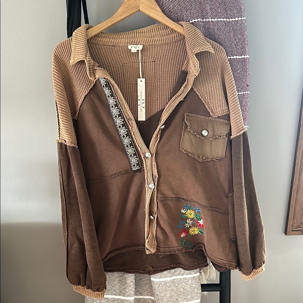 Brown Patchwork Button-Up Shirt